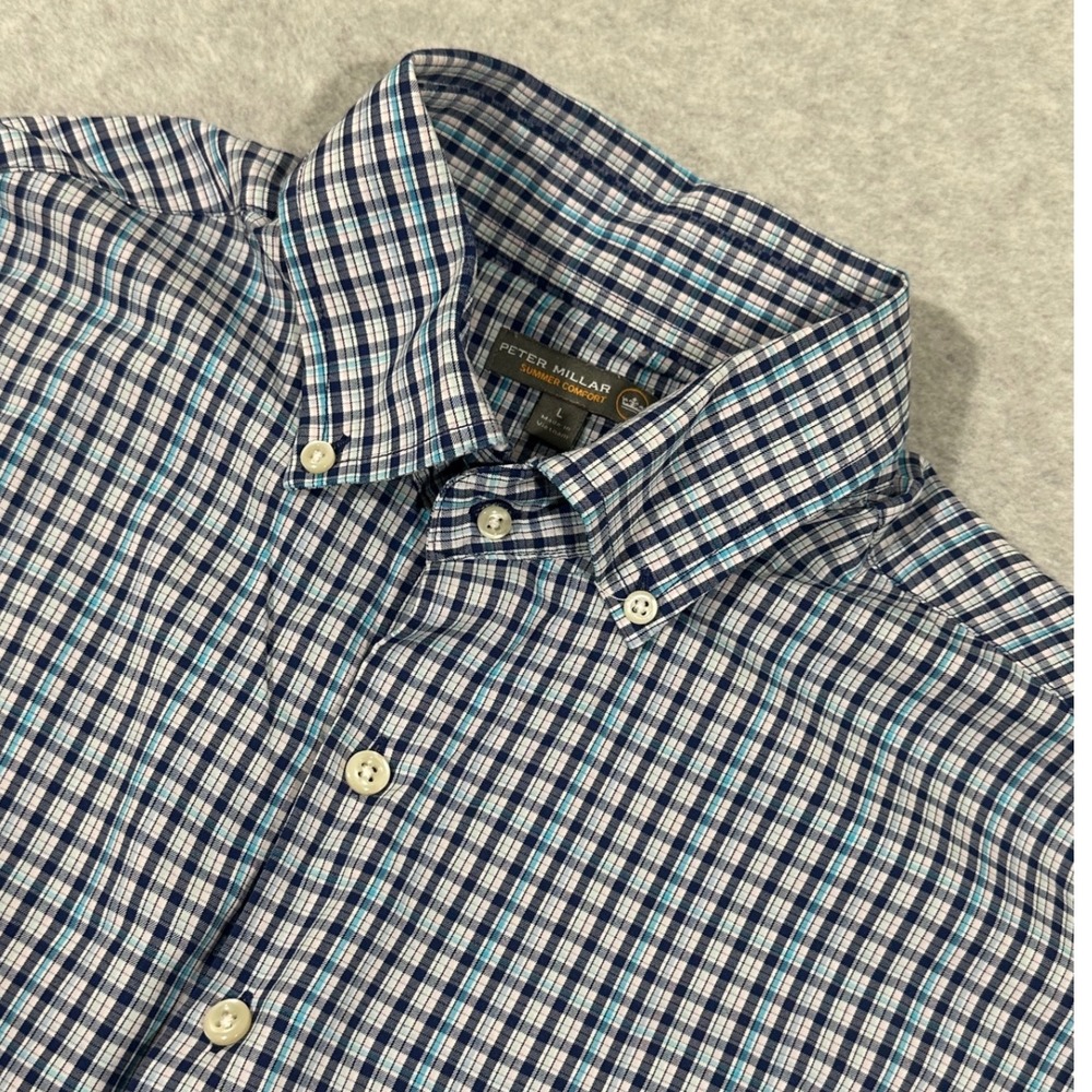 Peter Millar Mens Gingham Check Button Down Shirt Blue White Size Large‎